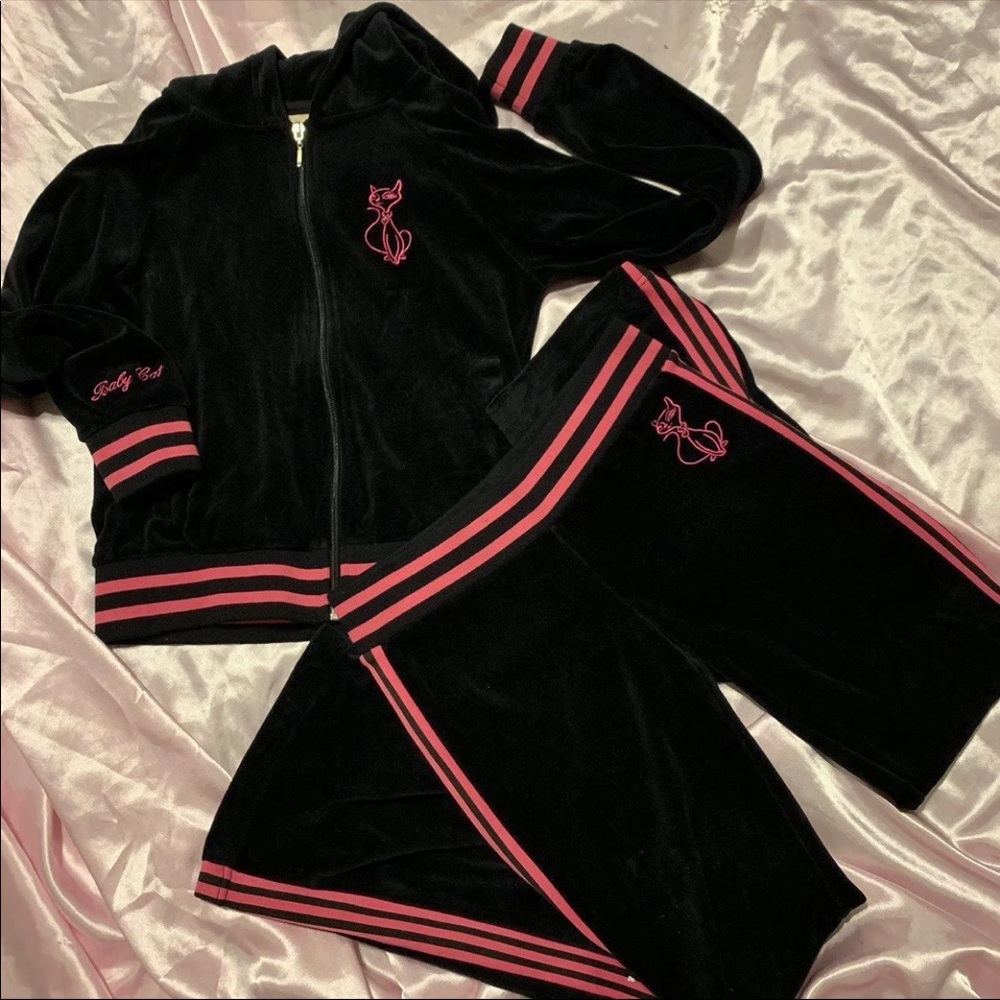 Baby phat y2k velvet black and hot pink tracksuit set